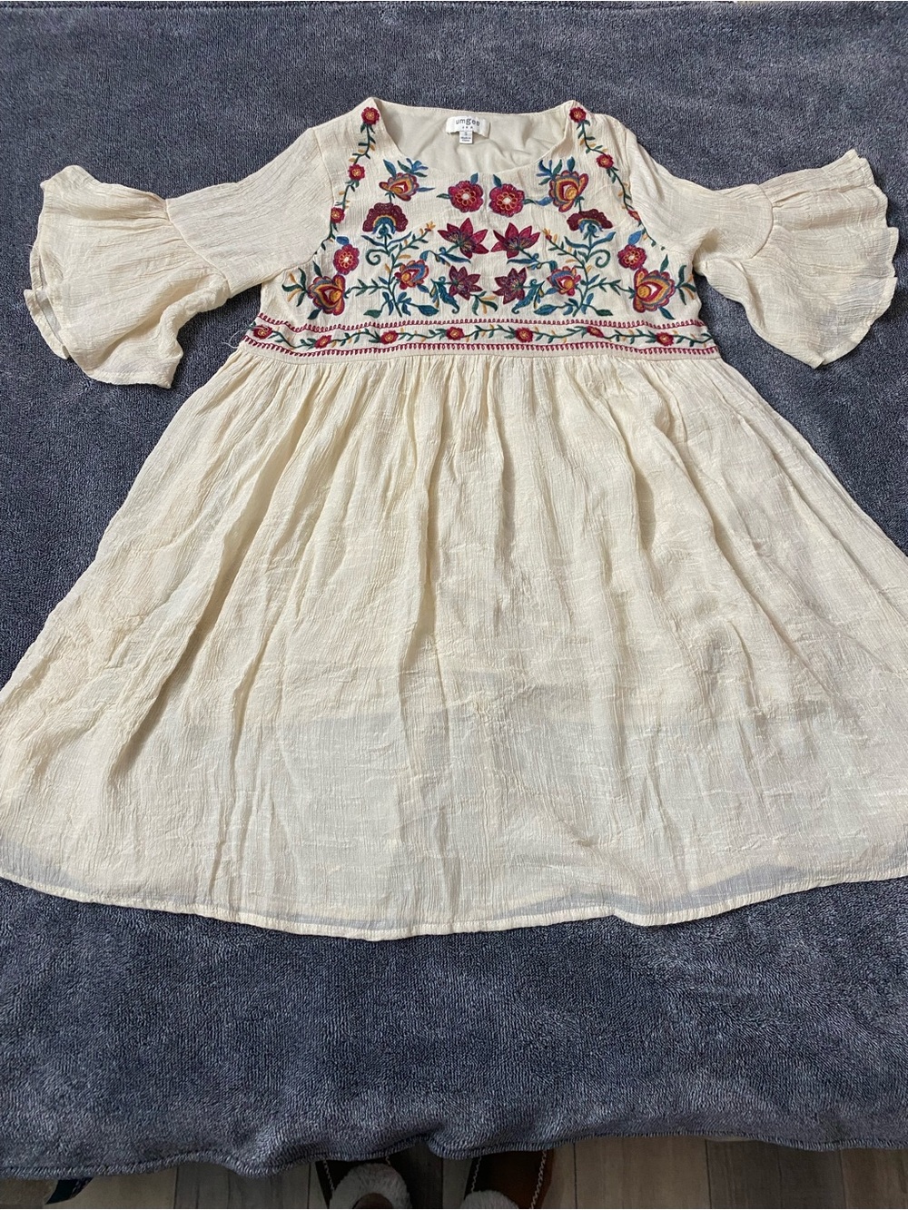 Umgee Boho Embroidered Floral Babydoll Mini Dress Cream Bell Sleeve Size Small